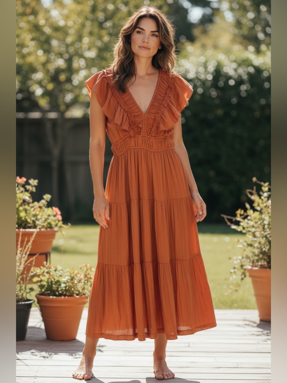 Tahari Orange Ruffled Midi Women's Dress , Small